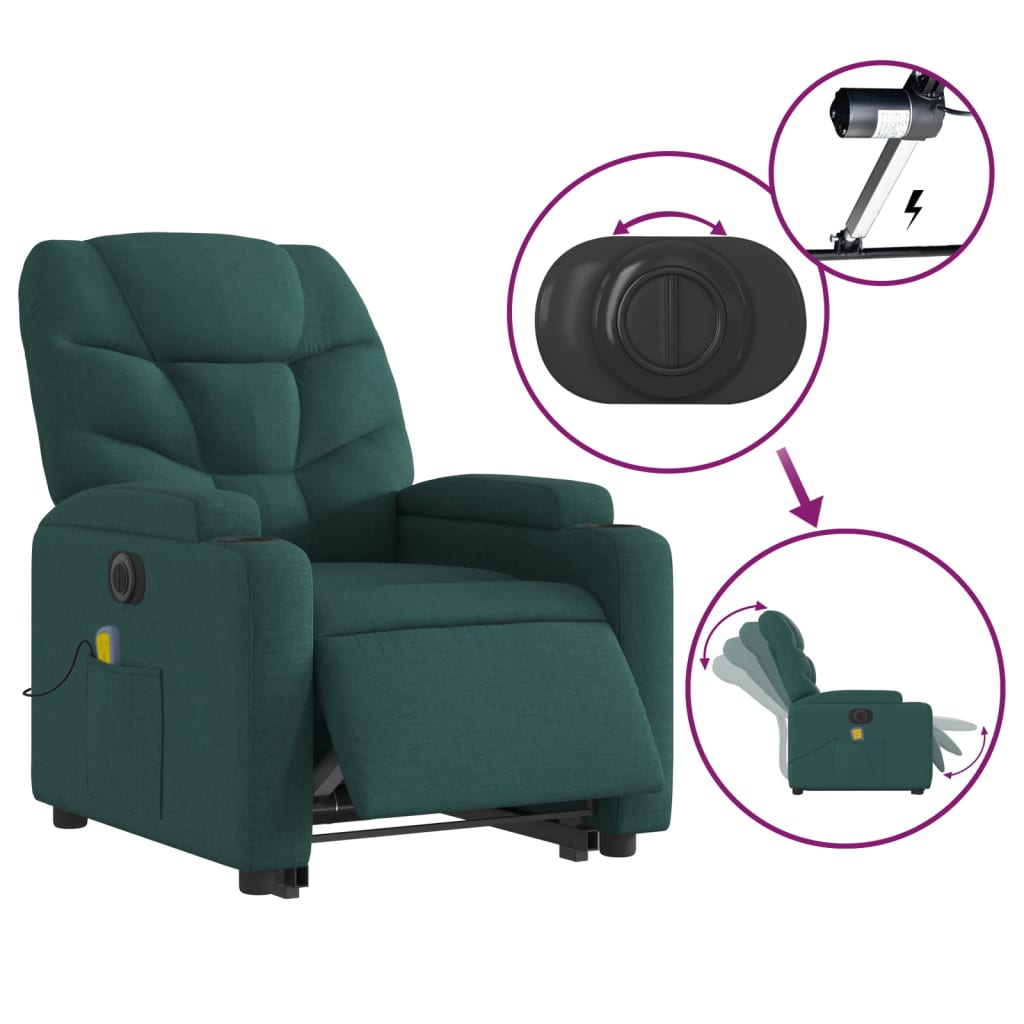 vidaXL Electric Stand up Massage Recliner Chair Dark Green Fabric - RealmSelect