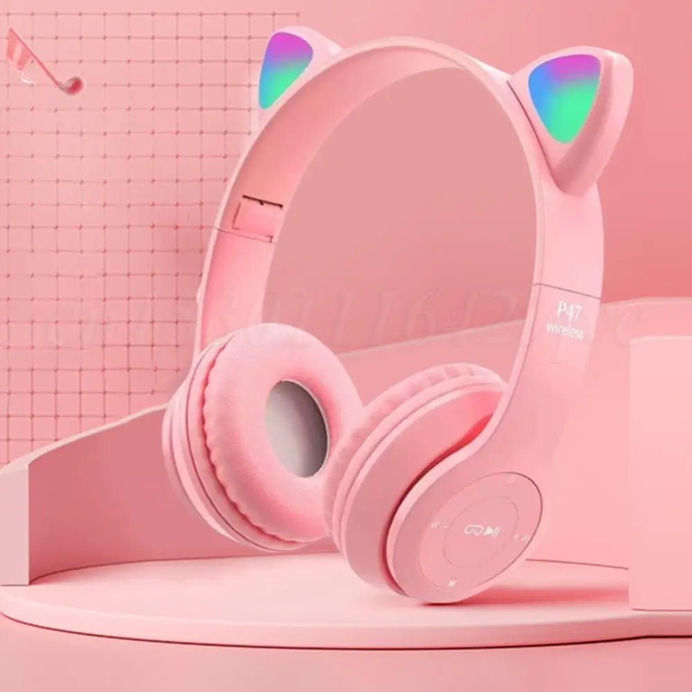 Wireless Headphones Cat Ear Gaming Headset Glow Light Bluetooth - Compatible Helmets Cute Over - Ear Headsets for Kids and Adult - RealmSelect