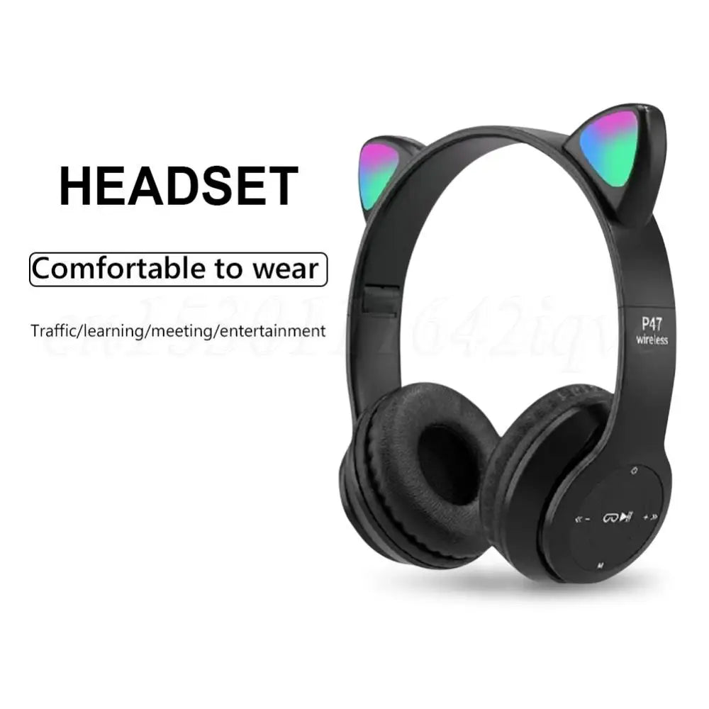 Wireless Headphones Cat Ear Gaming Headset Glow Light Bluetooth - Compatible Helmets Cute Over - Ear Headsets for Kids and Adult - RealmSelect