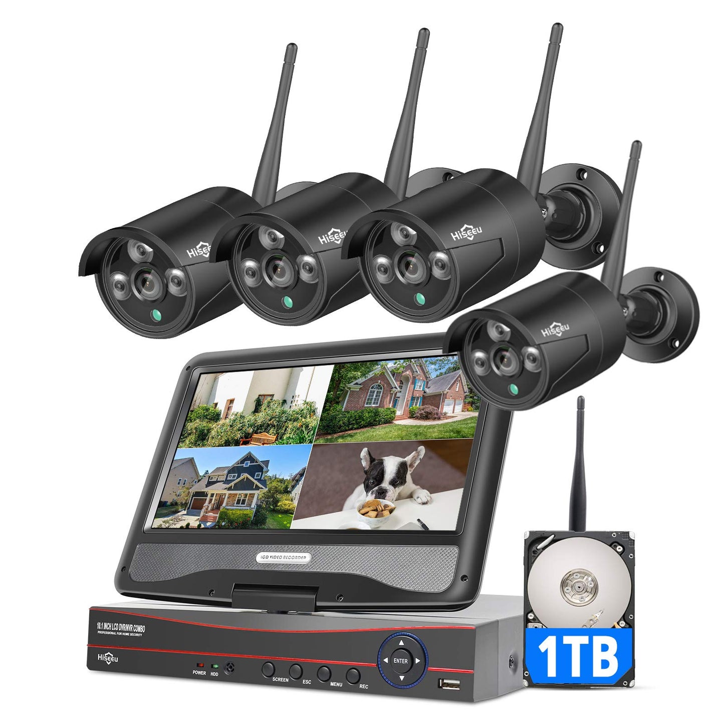 [Wireless Wi - Fi Pro, 100ft Range] Hiseeu Wireless Security Camera System, Expandable 16CH 4K NVR, 4Pcs 3MP Night Vision WiFi Cameras Home Surveillance Outdoor, Motion Detection, 1TB HDD, One - Way Audio - RealmSelect