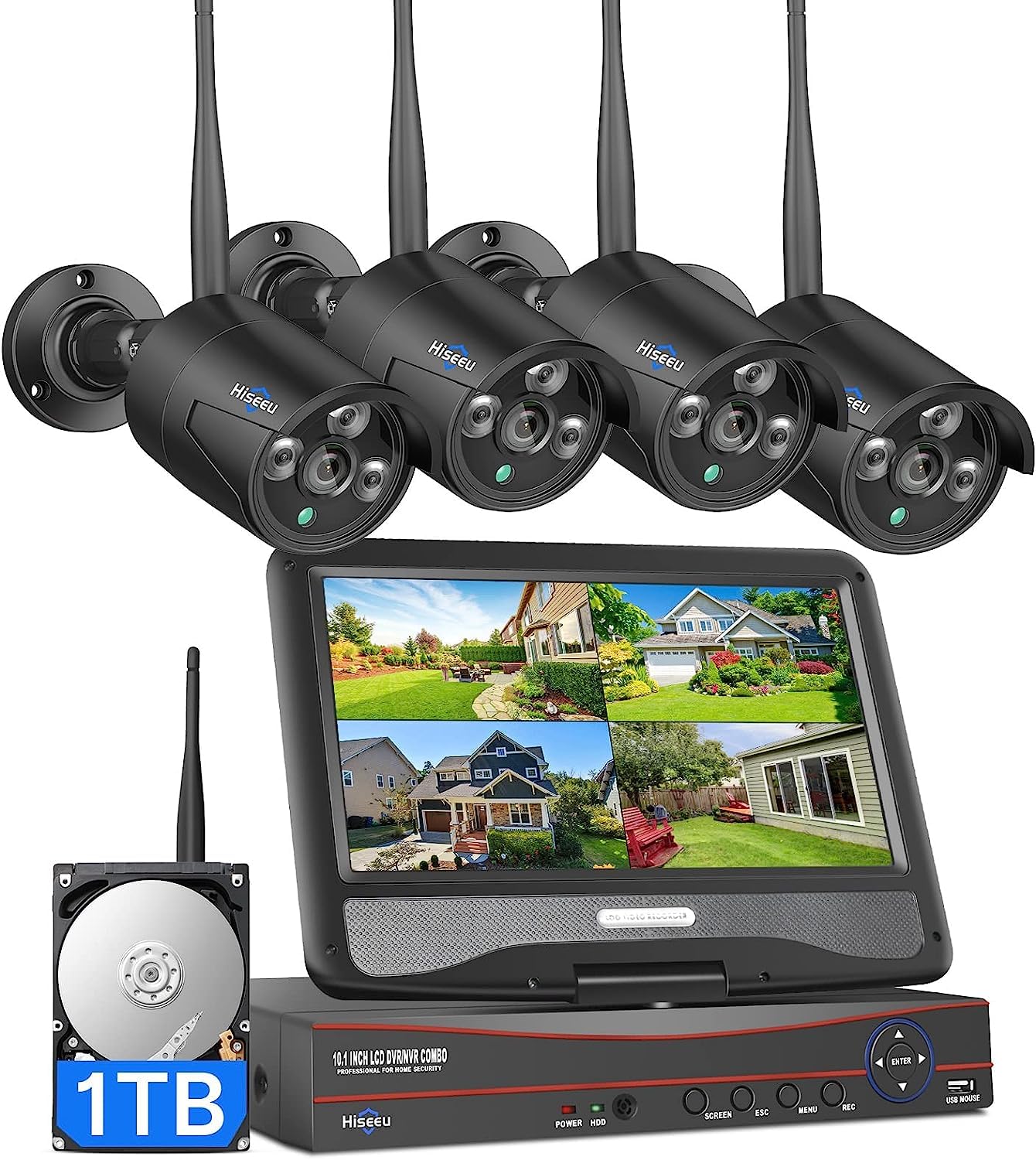 [Wireless Wi - Fi Pro, 100ft Range] Hiseeu Wireless Security Camera System, Expandable 16CH 4K NVR, 4Pcs 3MP Night Vision WiFi Cameras Home Surveillance Outdoor, Motion Detection, 1TB HDD, One - Way Audio - RealmSelect