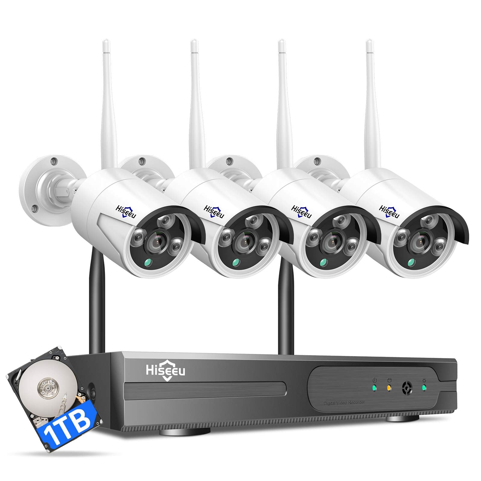 [Wireless Wi - Fi Pro, 100ft Range] Hiseeu Wireless Security Camera System, Expandable 16CH 4K NVR, 4Pcs 3MP Night Vision WiFi Cameras Home Surveillance Outdoor, Motion Detection, 1TB HDD, One - Way Audio - RealmSelect
