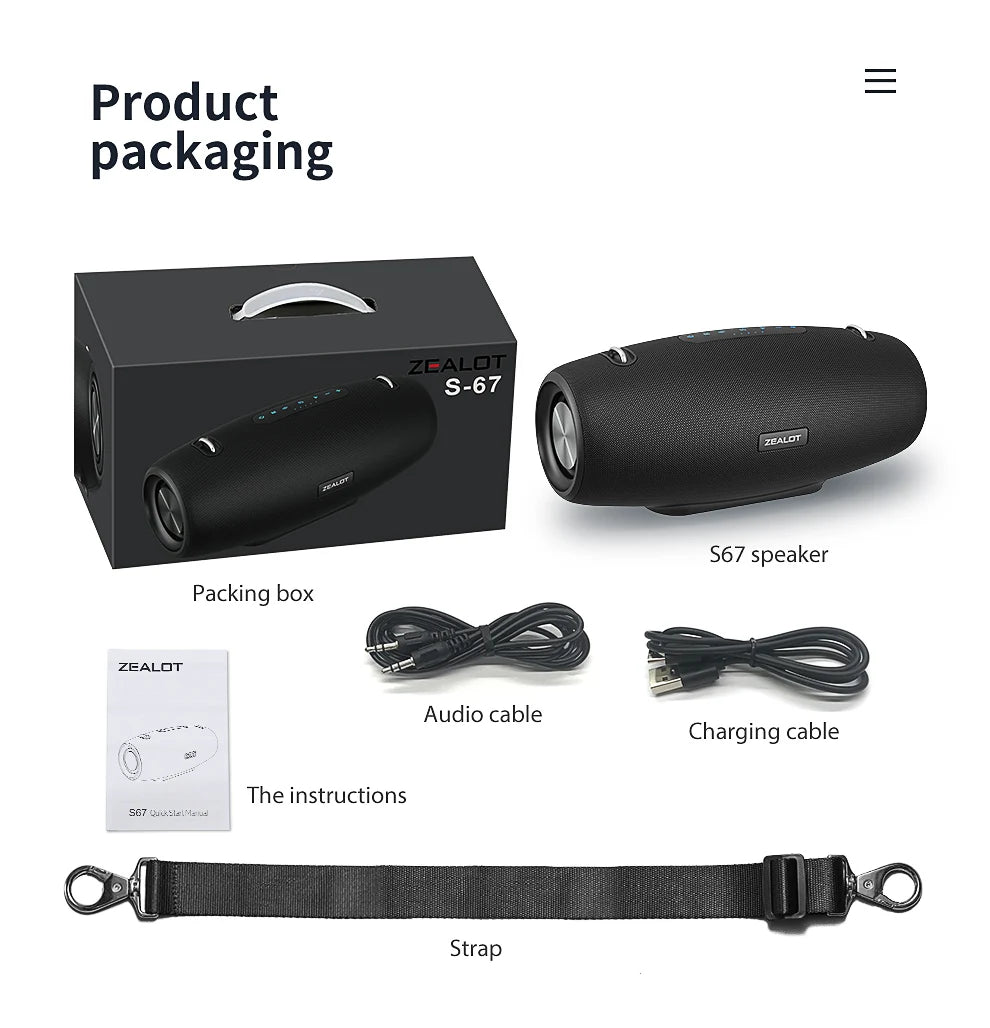 Zealot S67 Wireless Speaker WithShoulder Strap,Outdoor,Waterproof,Portable Speaker with Loud Stero and Booming Bass,40H Playtime - RealmSelect